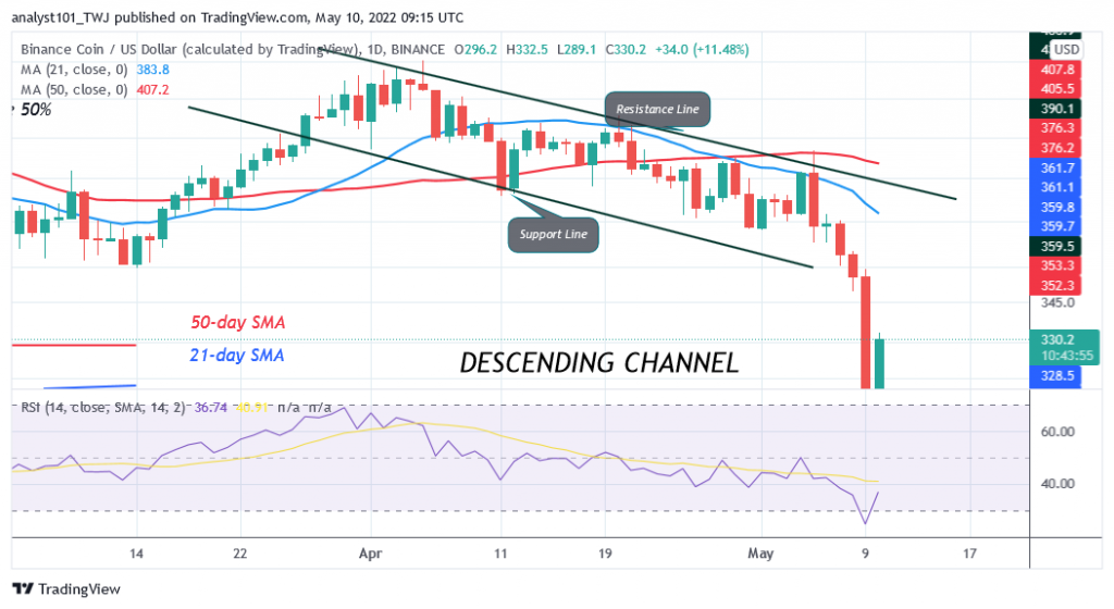 Binance Coin Rebounds Above $289 Low but May Further Decline to $250 Low