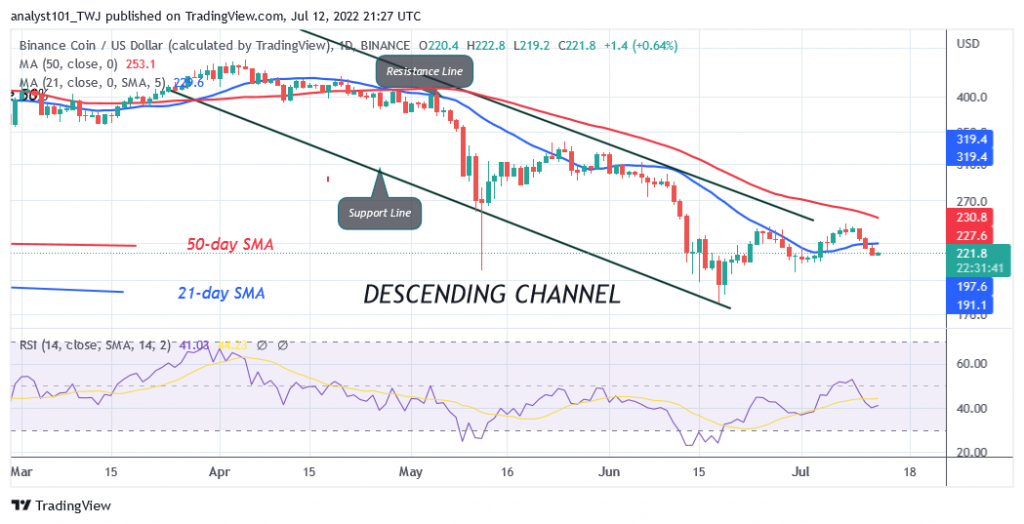 Binance Coin Holds above $220 as Bears Attempt To Sink It to $183