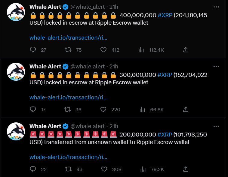 A screenshot of tweets reporting the massive XRP transfers