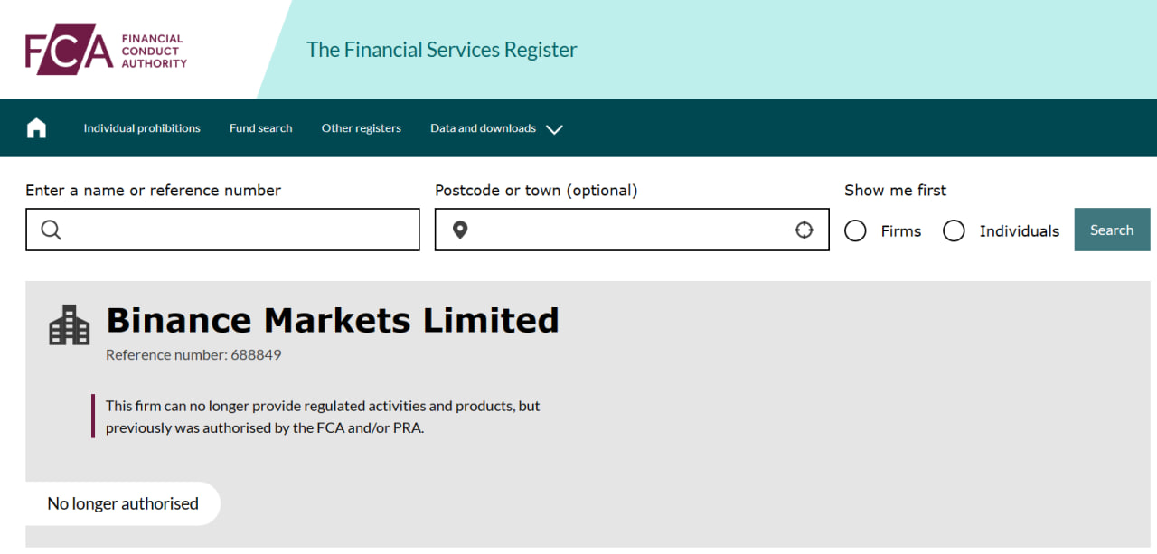 Screenshot from the FSA website on Binance