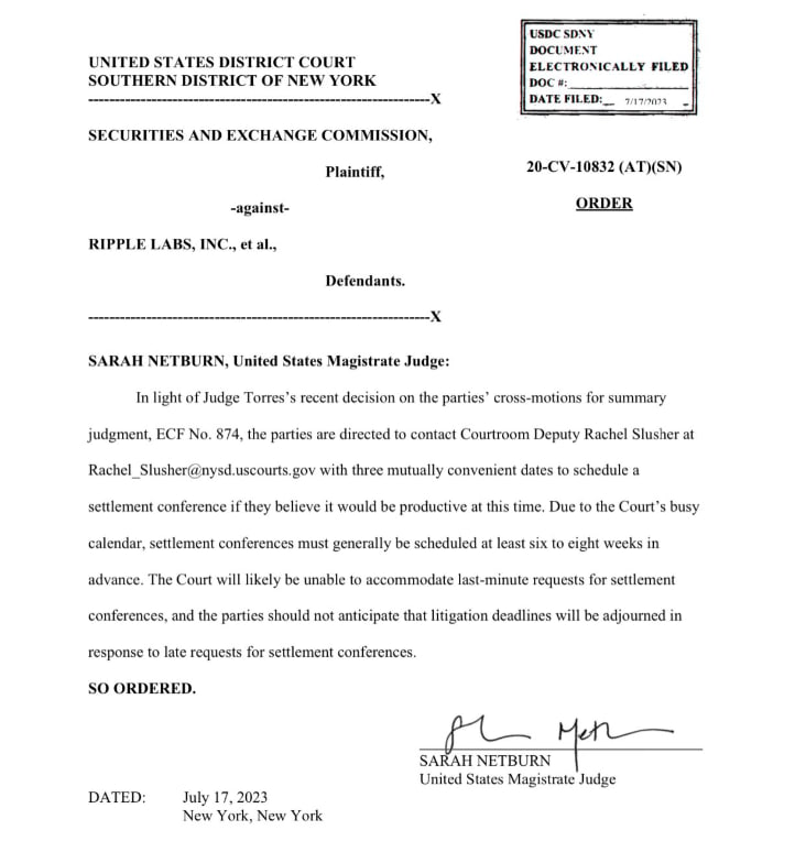 US Court Document showing latest Ripple vs. SEC order