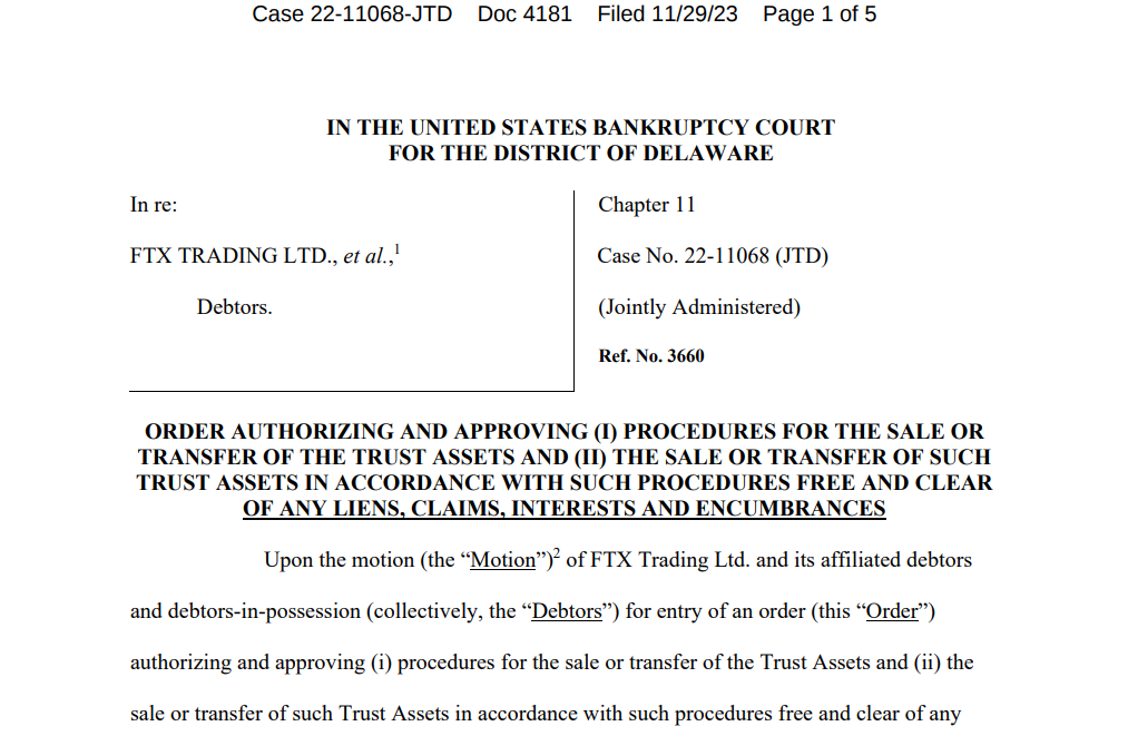 Court document granting FTX rights to sell
