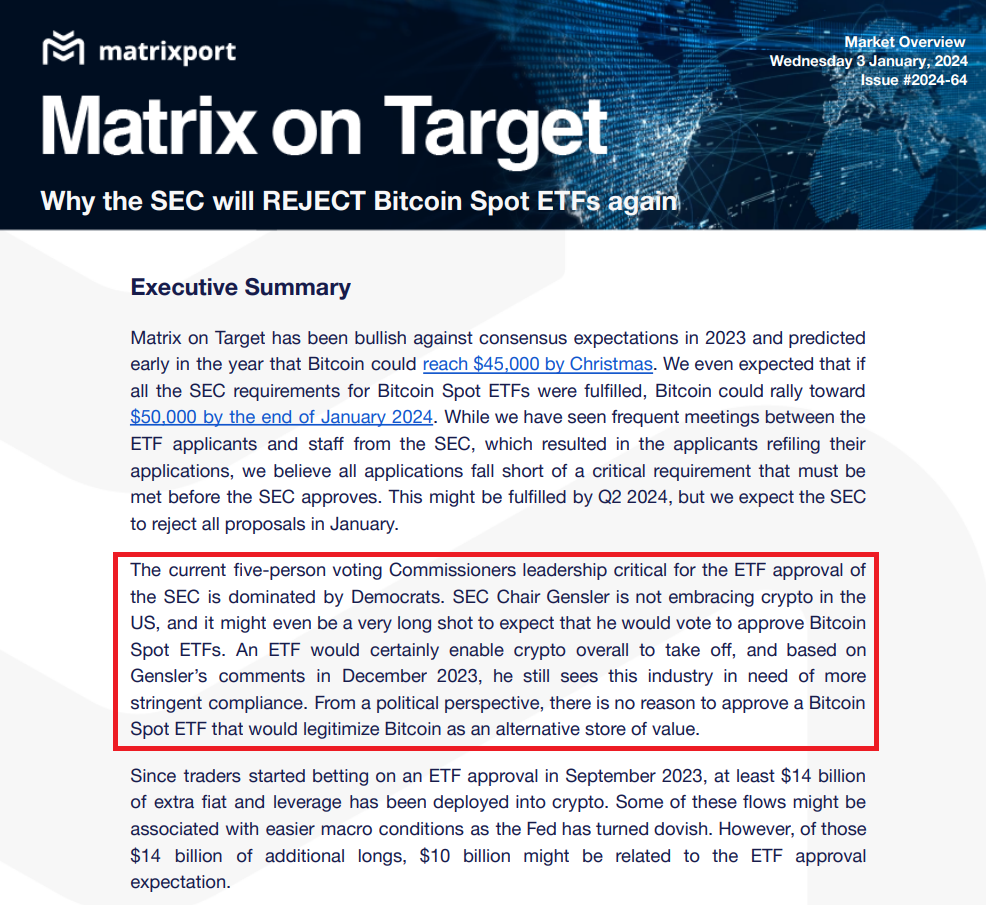 Matrixport's prediction on the chances of Bitcoin ETF proposals getting approval soon
