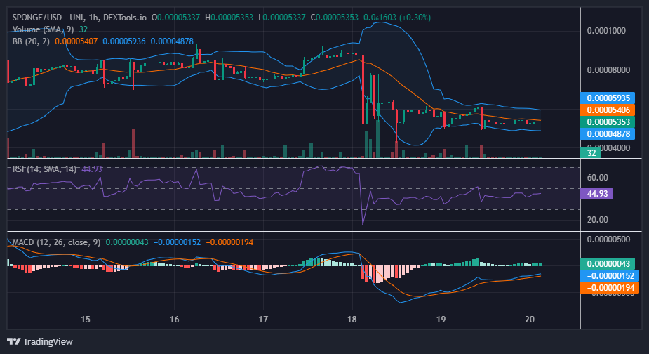 $SPONGE (Sponge/USD) Is Currently Navigating the Intriguing Possibility of a Price Rally Hovering Around $0.000051