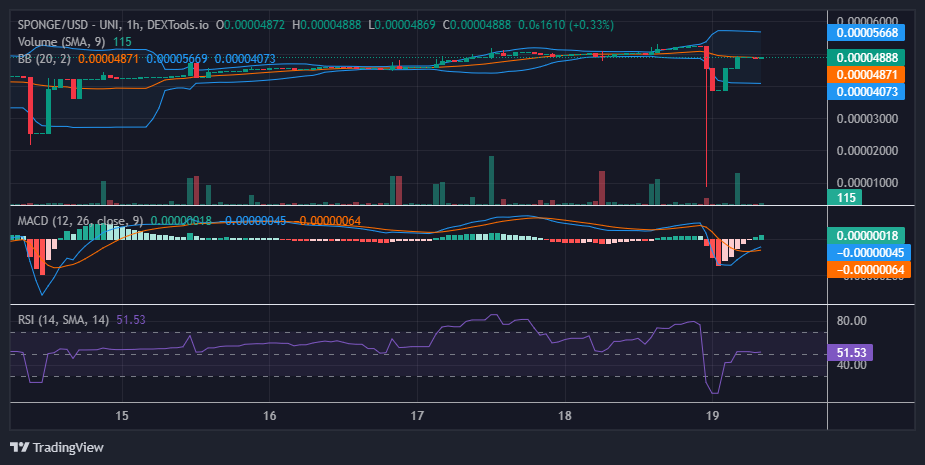 $SPONGE (SPONGE/USD) Bull Market Rebounds After Brief Dip Below $0.00004