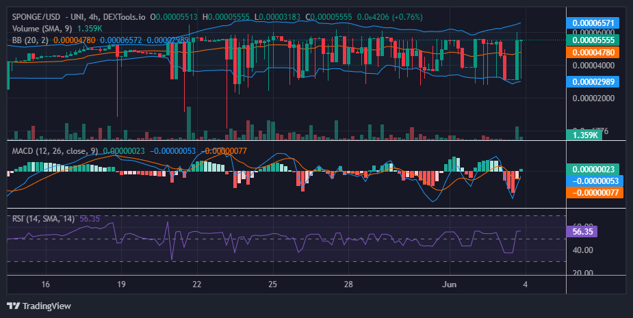 $SPONGE (SPONGE/USD) Rebounds From Support, Aims to Reclaim $0.000055 Resistance