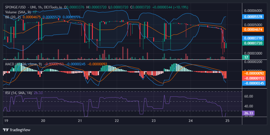 $SPONGE (SPONGE/USD) Retraces to $0.000038 Support, Poised for Bullish Rally