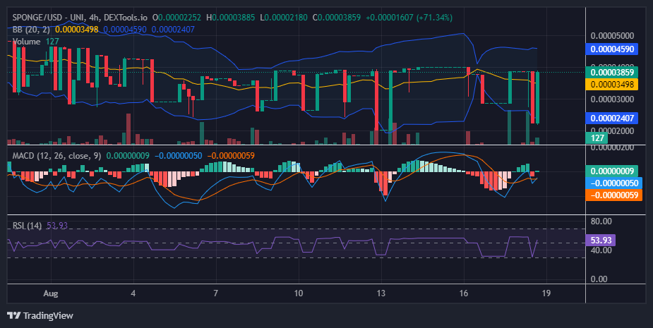 $SPONGE (SPONGE/USD) Bulls Trying to Regain Grip on the $0.00004 Price Level