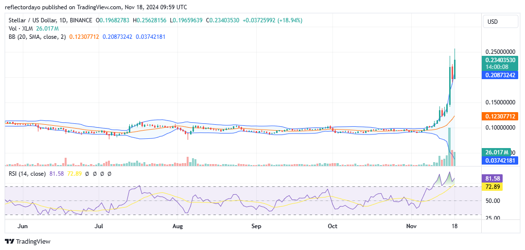 Stellar (XLM/USD) Bullish Rally Faces Resistance at $0.25, with $0.20 Potentially Emerging as Key Support