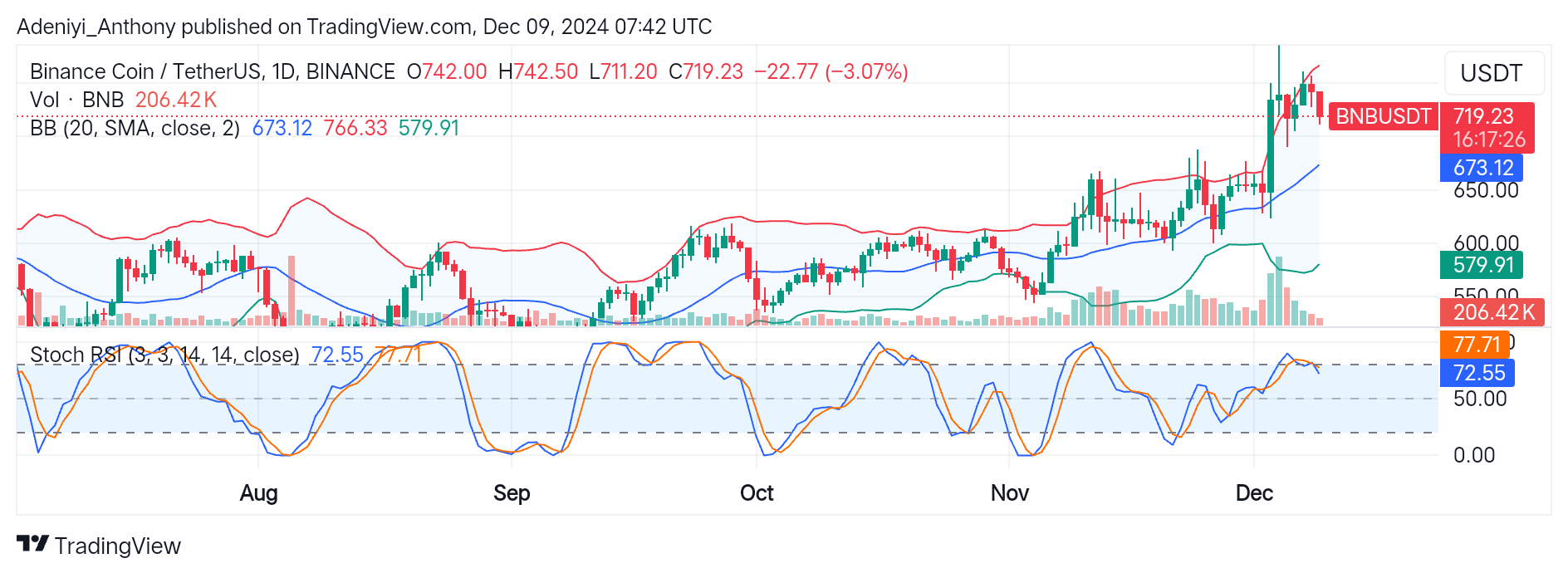 BNB (BNB/USDT) Faces Rejection at $742.50, Seeks Support Near $700 Level