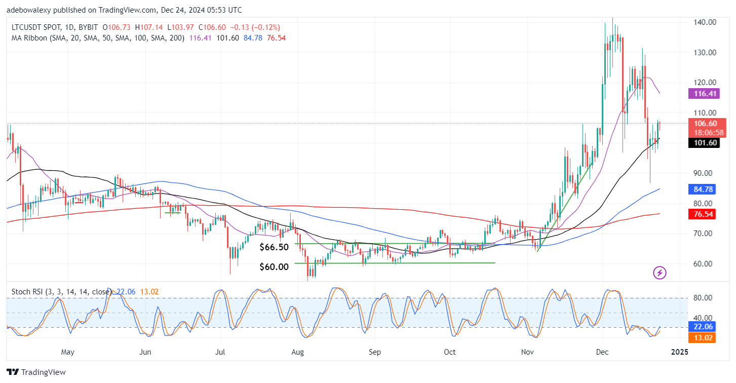 Price action rebounded strongly upward in the previous session. As a result, the ongoing session has appeared as a red hammer price candle. Be that as it may, Litecoin continues to trade at a considerable distance above the 50-day MA line. In addition, the Stochastic RSI lines are still rising out of the oversold region with the lead line now above the 20 level of the indicator.