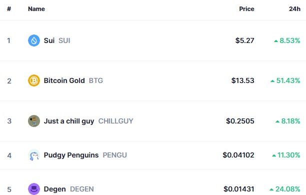 Top Trending Coins for Today, January 5: SUI, BTG, CHILLGUY, PENGU and DEGEN