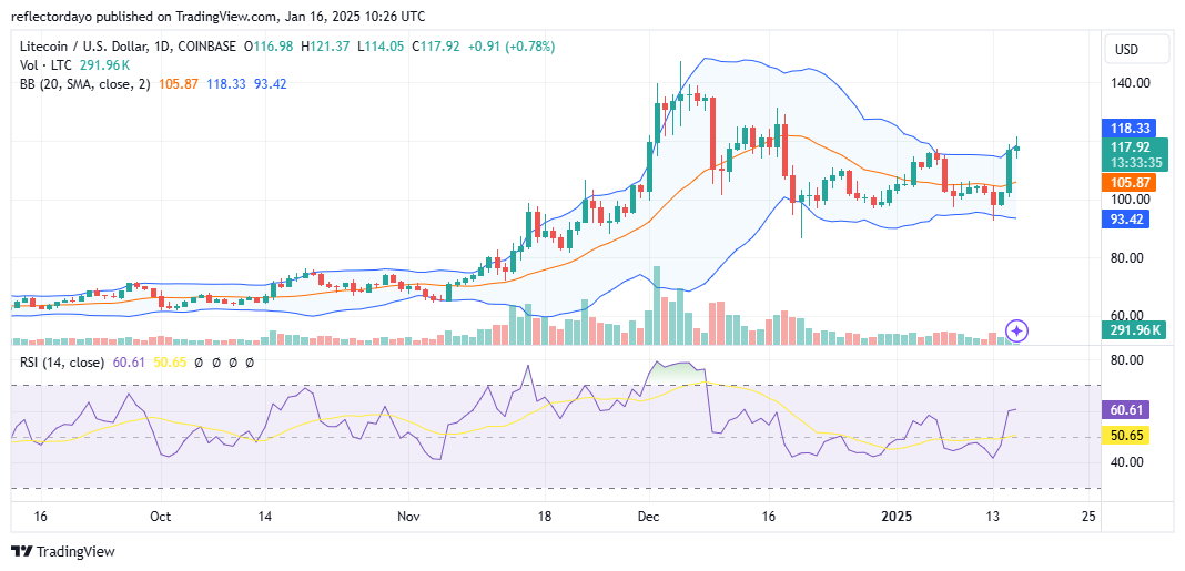 Litecoin (LTC/USD) Surges to $116 but Faces Resistance Above Key Level