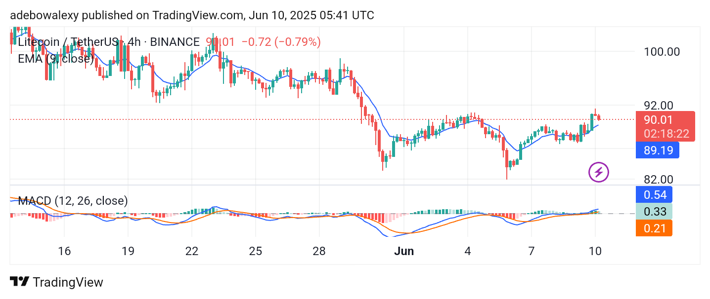 LTC/USDT May Proceed Through the $92 Mark On the Litecoin 4-hour chart, the market appears to be consistently striving for higher ground.