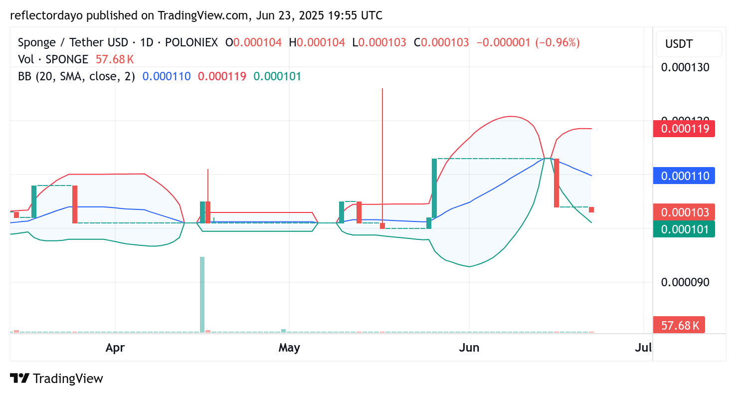 SPONGE/USD ($SPONGE) Pulls Back Below $0.000104 as Bearish Pressure Persists
