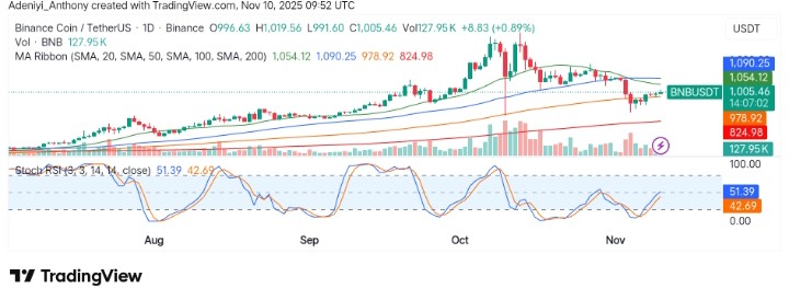 BNB (BNB/USDT) Shows Strength Above $1,000 as it Extends Upwards