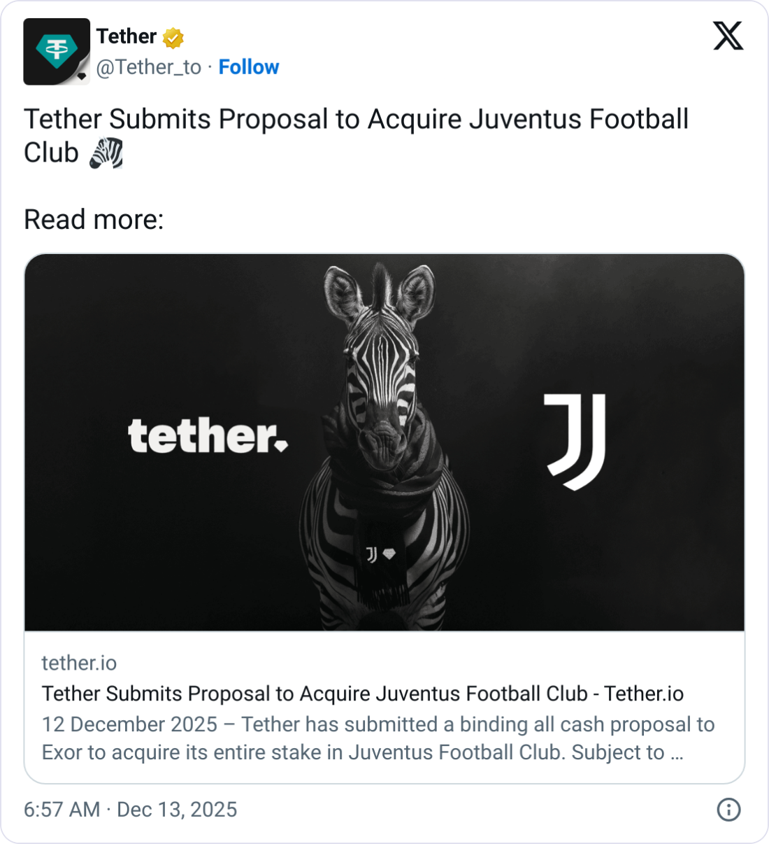 Tether’s Attempt to Acquire Juventus Football Club: Bid Rejected