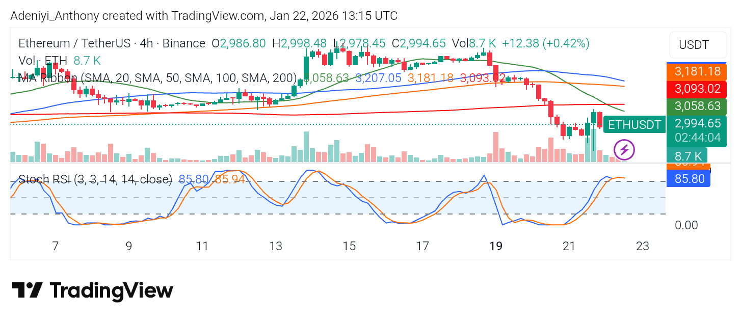Ethereum Price Slips Below $3,000 as Long-Term Trend Pressure Persists