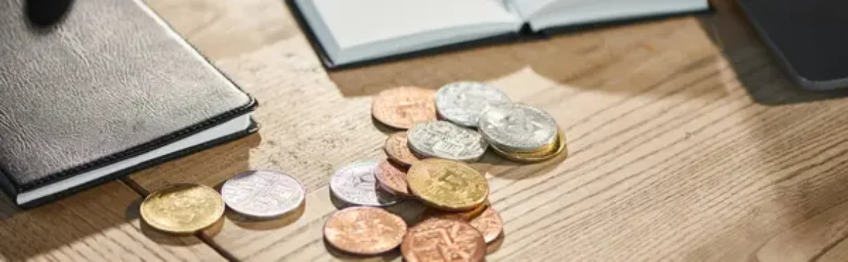 Crypto coins on the table.