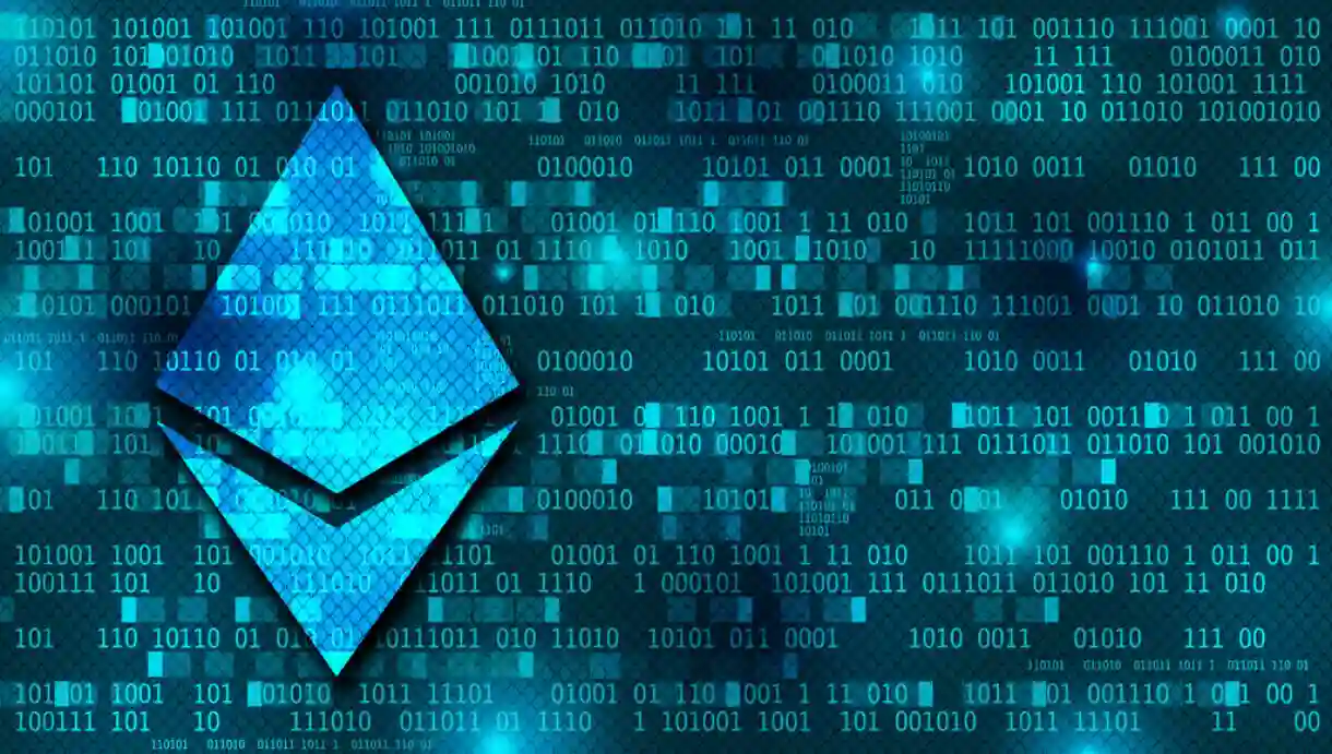 The Ethereum logo is having a lot of ones and zeroes in its background.
