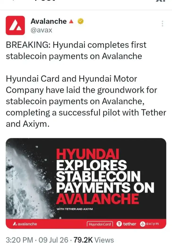 Hyundai's Stablecoin Move Could Be a Major Win for Avalanche