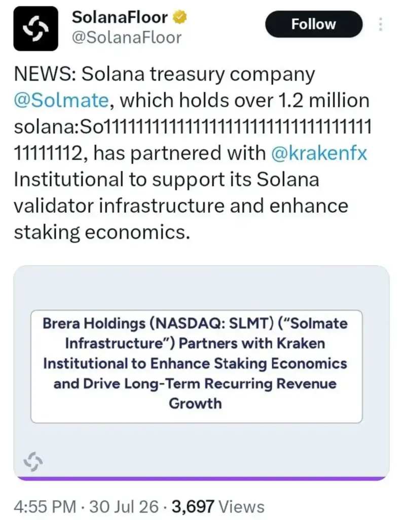 Solana Treasury Giant Teams Up With Kraken — Is Institutional Demand Entering A New Phase?