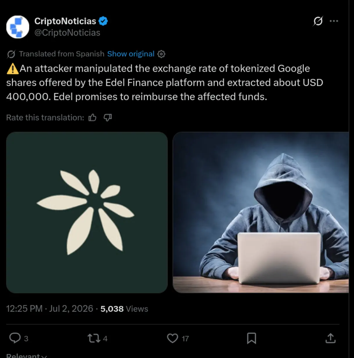 The Edel finance exploit is reflected on an X post.