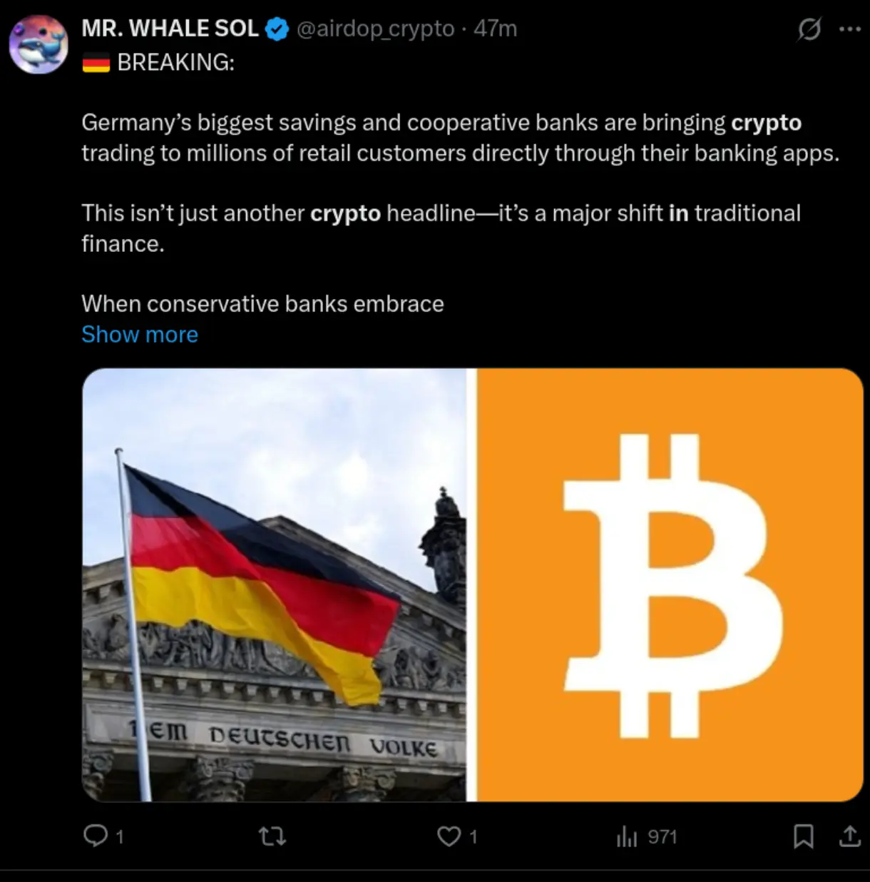 X post reporting the expansion of a top bank in Germany expanding into crypto offering.