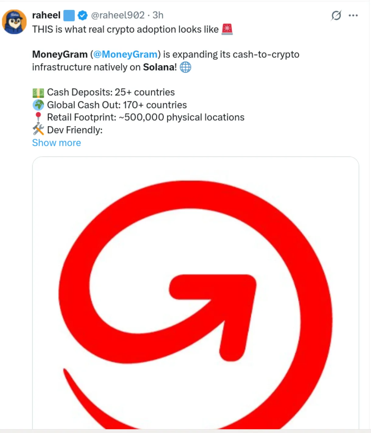 An X post is reporting the adoption of crypto by MoneyGram.