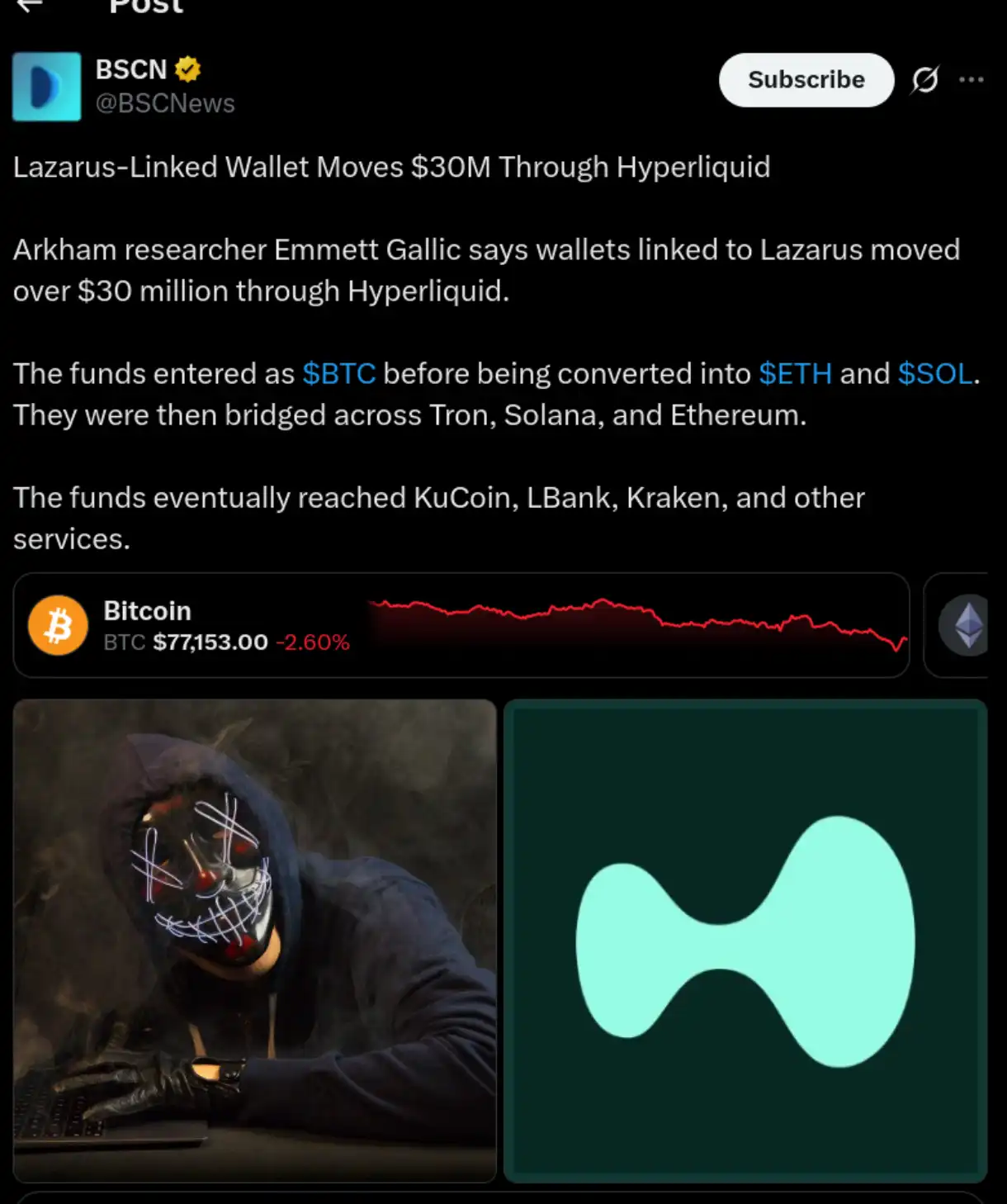 An X post is reporting suspicious activities on Hyperliquid.